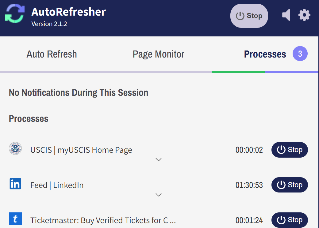 AutoRefresher extension showing three active refresh processes: Ticketmaster ticket page, LinkedIn job search, and myUSCIS appointment scheduler.